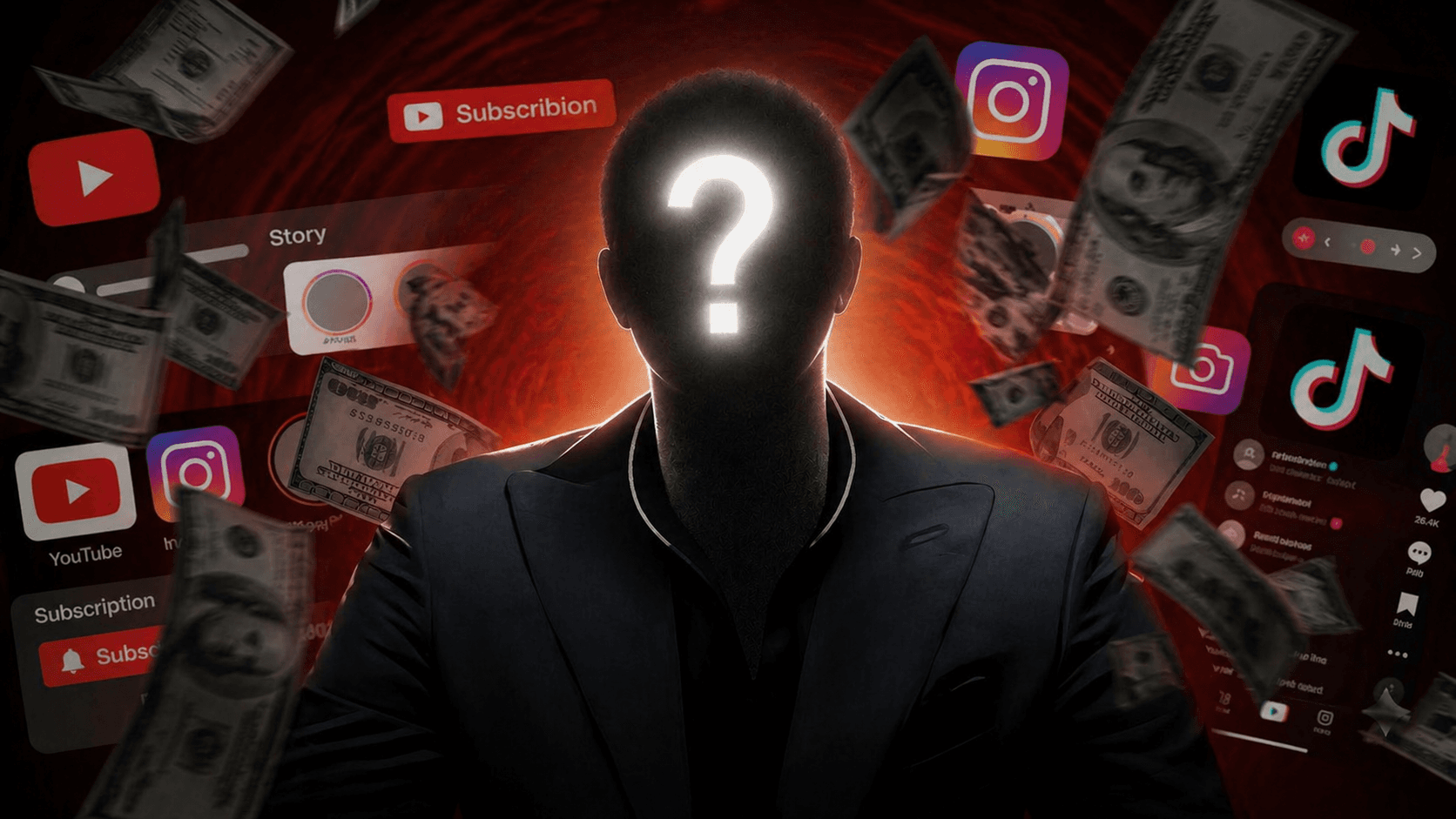 Faceless figure surrounded by money and social platforms
